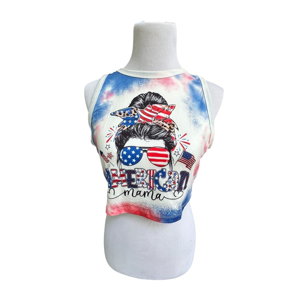 American Mama Tie Dye Crop Top Patriotic Messy Bun 4th of July‎ Tank Sleeveless